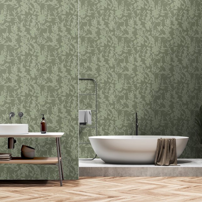 Flora textured wallpaper in olive green  tapete (Badezimmer)