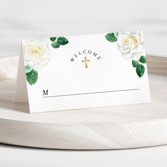 Flora und Fauna Girl Platzkarte (Front - Watercolor Floral White Roses Girl First Communion Place Card)
