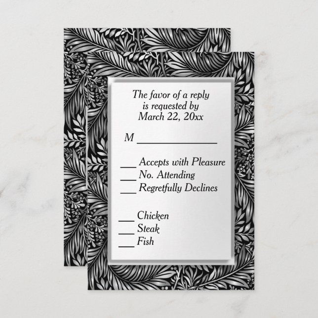 Flora und Fauna Schwarz und Weiß mit Menü Auswahl RSVP Karte (Vorne/Hinten)