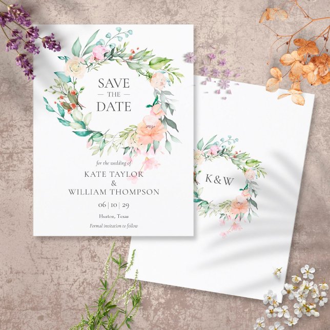 Flora und Rose Wasserfarben Garland Save the Date Ankündigungspostkarte (Von Creator hochgeladen)