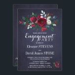 Flora Winter Navy Red Christmas Engagement Party Einladung<br><div class="desc">Blühende,  rustikale Rose aus rotem Bordeaux und weißer Pfirsichbäume mit wintersaisonalen Pinienfässern,  roten Beeren und einer Begrüßungsparty mit modernem,  zeitgenössischem,  wechselndem Drehbuch auf dunkelblauem Chalkboard-Hintergrund.            Ideal für ein winterlich-blumenklassisches Party.</div>