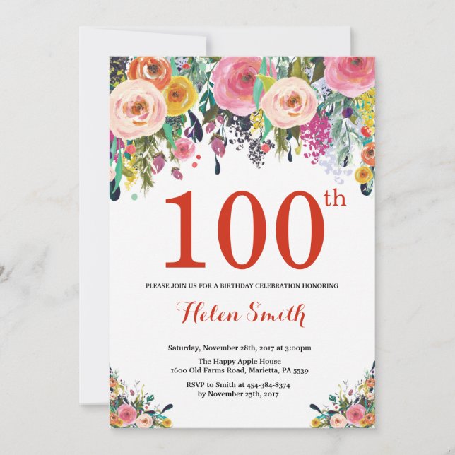 Floral 100. Geburtstag Einladung Rot (Vorderseite)
