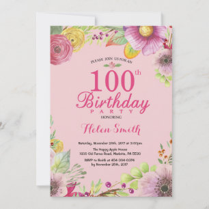 Floral 100th Birthday Invitation for Women Pink Einladung