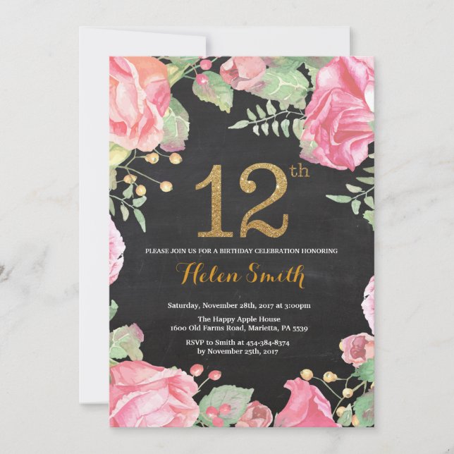 Floral 12. Geburtstag Einladung Gold Glitzer (Vorderseite)