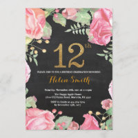 Floral 12. Geburtstag Einladung Gold Glitzer