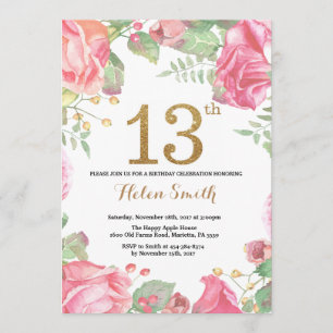 Floral 13. Geburtstag Einladung Gold Glitzer