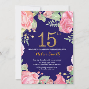 Floral 15. Geburtstag Gold Glitzer Navy Blue Einladung
