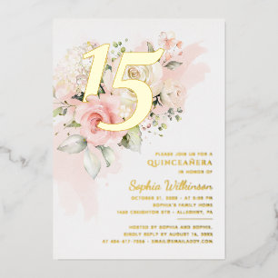 Floral 15. Geburtstag Quinceanera Script Gold Folieneinladung