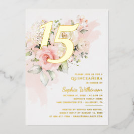 Floral 15. Geburtstag Quinceanera Script Gold Folieneinladung