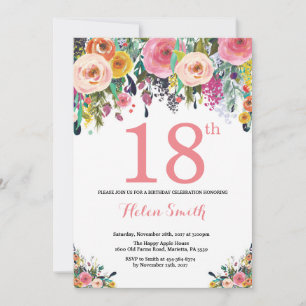 Floral 18. Geburtstag Einladung Rosa