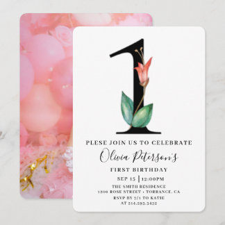 Floral 1. Geburtstag mit individueller Foto-Einlad Einladung