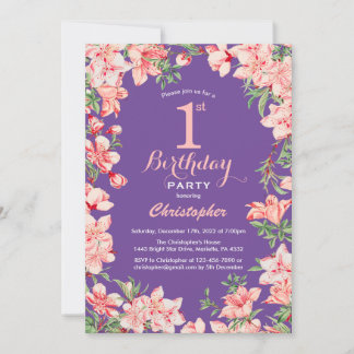 Floral 1. Geburtstag Rosa Blume Lila Violett Einladung