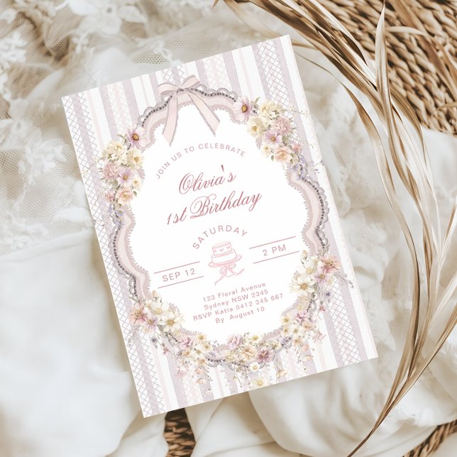 Floral 1st Birthday Bow Photo Invitation Einladung (Von Creator hochgeladen)