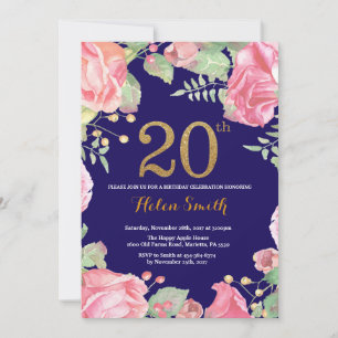 Floral 20. Geburtstag Gold Glitzer Navy Blue Einladung