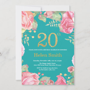 Floral 20. Geburtstag Gold Glitzer und Aquamarin Einladung