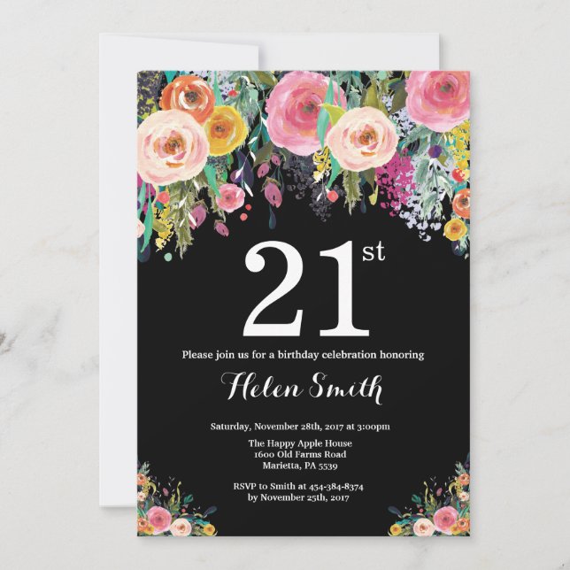 Floral 21. Geburtstag Einladung (Vorderseite)