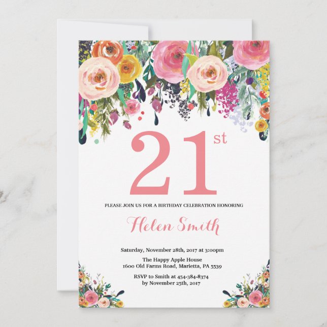Floral 21. Geburtstag Einladung Rosa (Vorderseite)
