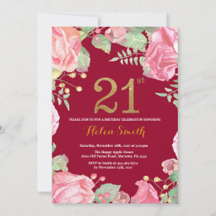 Floral 21. Geburtstag Gold Glitzer Burgund Red Einladung