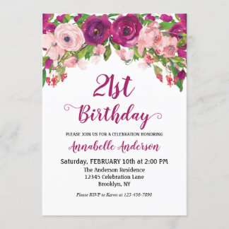 Floral 21. Geburtstag Lila Pink Moderne Wasserfarb Einladung