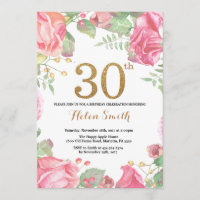 Floral 30. Geburtstag Einladung Gold Glitzer