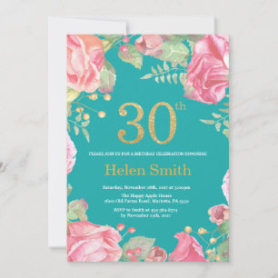Floral 30. Geburtstag Gold Glitzer und Aquamarin Einladung