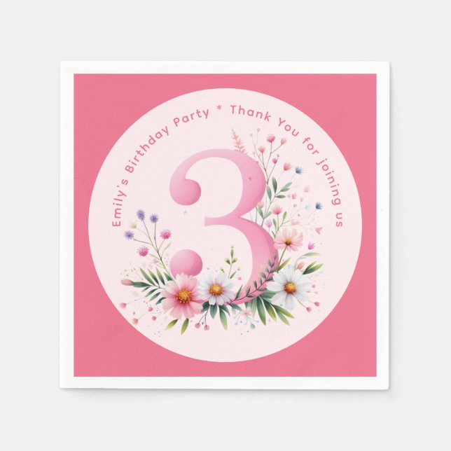 Floral 3th Birthday Custom Three Faicess Princess Serviette (Vorderseite)