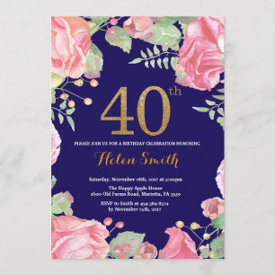 Floral 40. Geburtstag Gold Glitzer Navy Blue Einladung