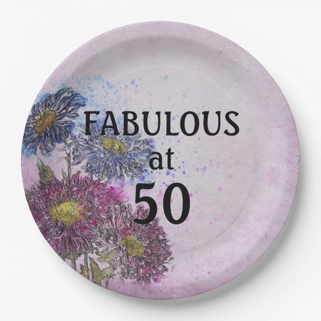 Floral 50 and Fab Birthday Party Paper Plates Pappteller (Vorderseite)