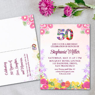 Floral 50. Geburtstag Einladung 50 Jahre elegant Postkarte