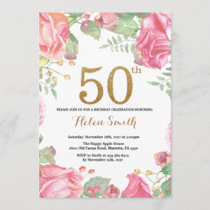 Floral 50. Geburtstag Einladung Gold Glitzer