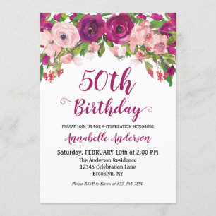 Floral 50. Geburtstag Lila Pink Wasserfarbe Modern Einladung