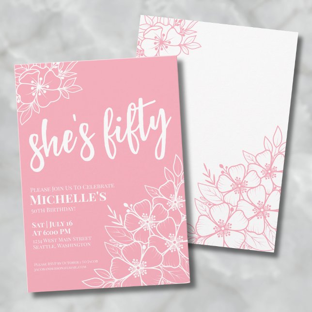 Floral 50. Geburtstagsparty Einladung (Floral Fifty Pink 50th Birthday Party Invitation)