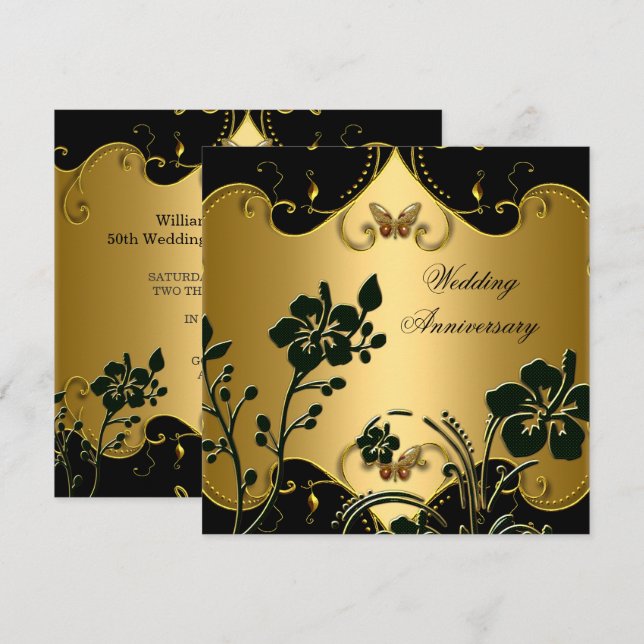 Floral 50. Hochzeitstag Jubiläum Gold Black Einladung (Vorne/Hinten)