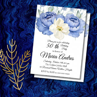 Floral 50th Birthday Elegant Watercolor white blue Einladung