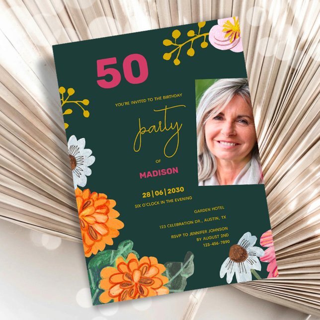 Floral 50th Birthday Party Invitation Photo Einladung (50th Birthday Party Invitation Floral Photo Style)