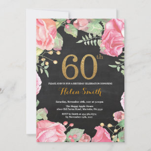 Floral 60. Geburtstag Einladung Gold Glitzer
