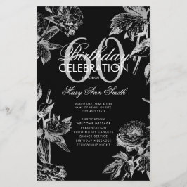 Floral 60. Geburtstag Programm Silver Black Menu Flyer