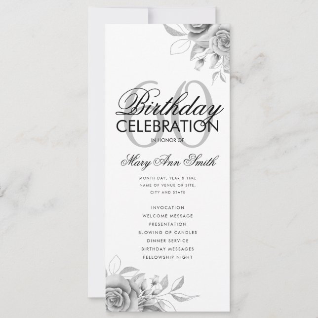 Floral 60. Geburtstag Programm Silver mit Menü (Vorderseite)