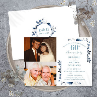 Floral 60. Hochzeitstag Dann & Jetzt 2 Foto Einladung