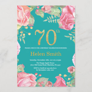 Floral 70. Geburtstag Gold Glitzer und Aquamarin Einladung