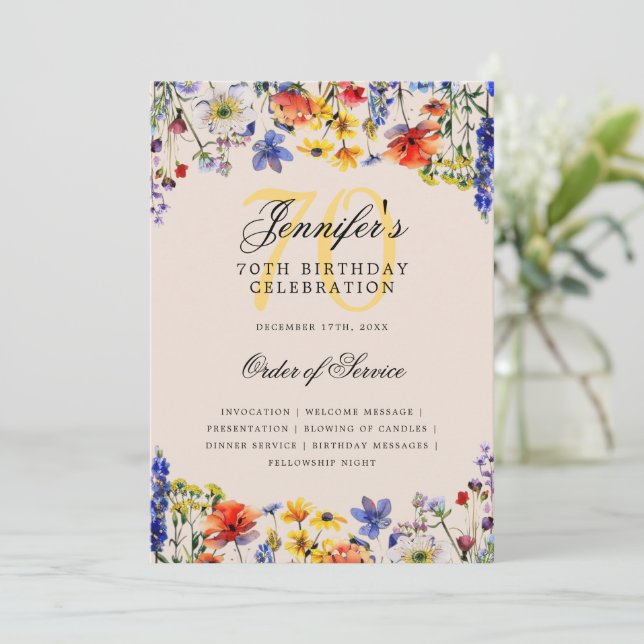 Floral 70. Geburtstag Party Programm Menü Champagn (Stehend Vorderseite)
