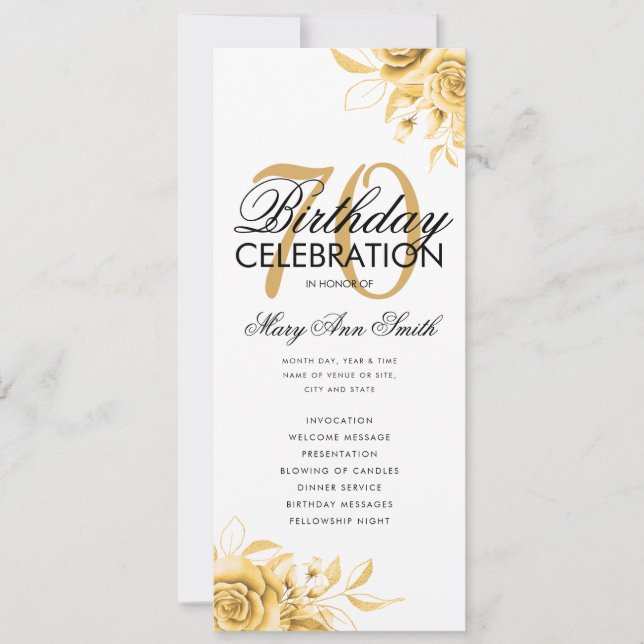 Floral 70. Geburtstag Programm Gold mit Menü (Vorderseite)