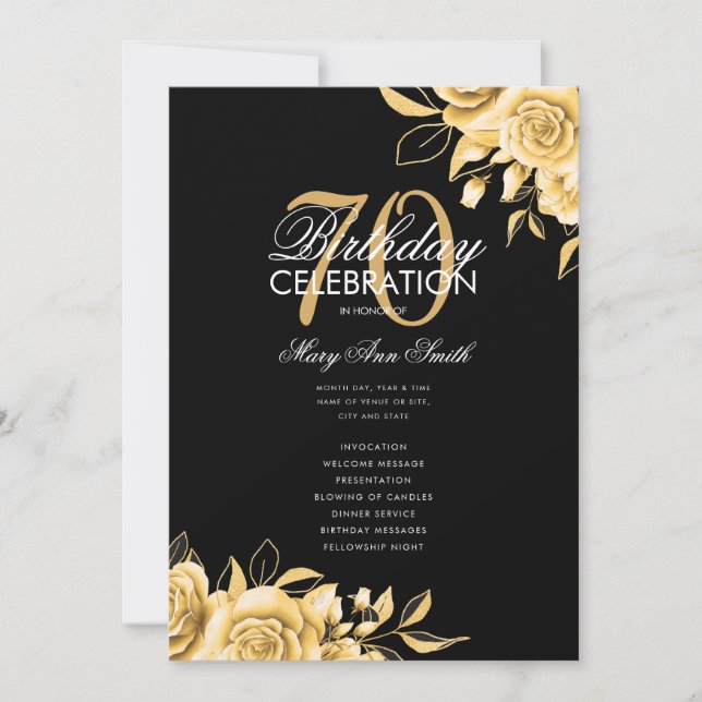 Floral 70. Geburtstag Programm Gold & Schwarz mit  (Vorderseite)