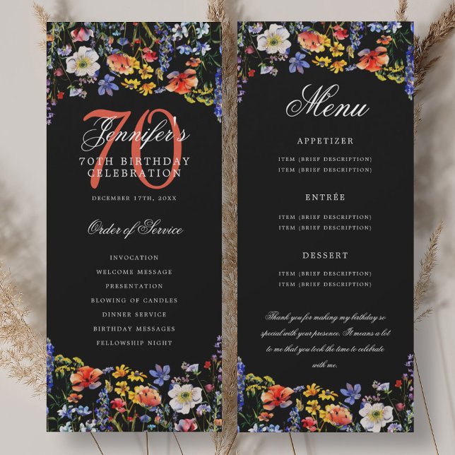 Floral 70. Geburtstag Programm Menü Danke Black (Floral 70th Birthday Program Menu Thank You Black)