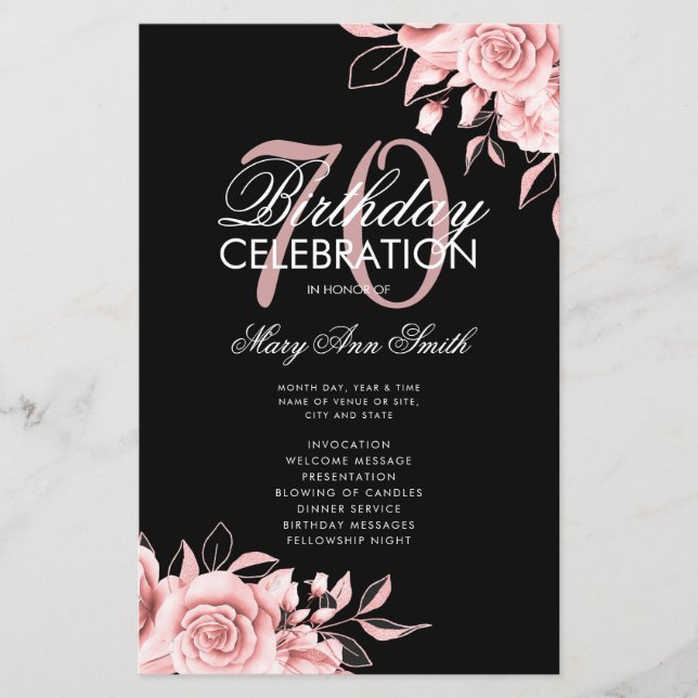 Floral 70. Geburtstag Rose Gold Black Menu (Vorderseite)