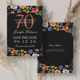 Floral 70. Geburtstag Save the Date Schwarz Einladung