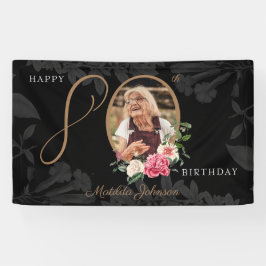Floral 80. Geburtstag Black Gold Chic Custom Foto Banner