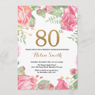 Floral 80. Geburtstag Einladung Gold Glitzer