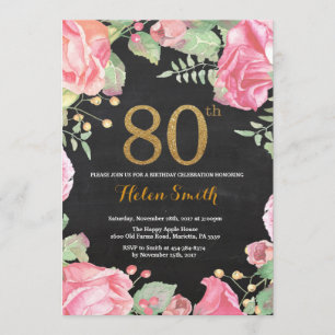 Floral 80. Geburtstag Einladung Gold Glitzer