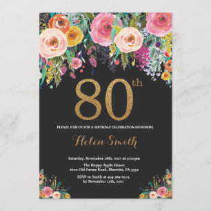 Floral 80. Geburtstag Einladung Gold Glitzer